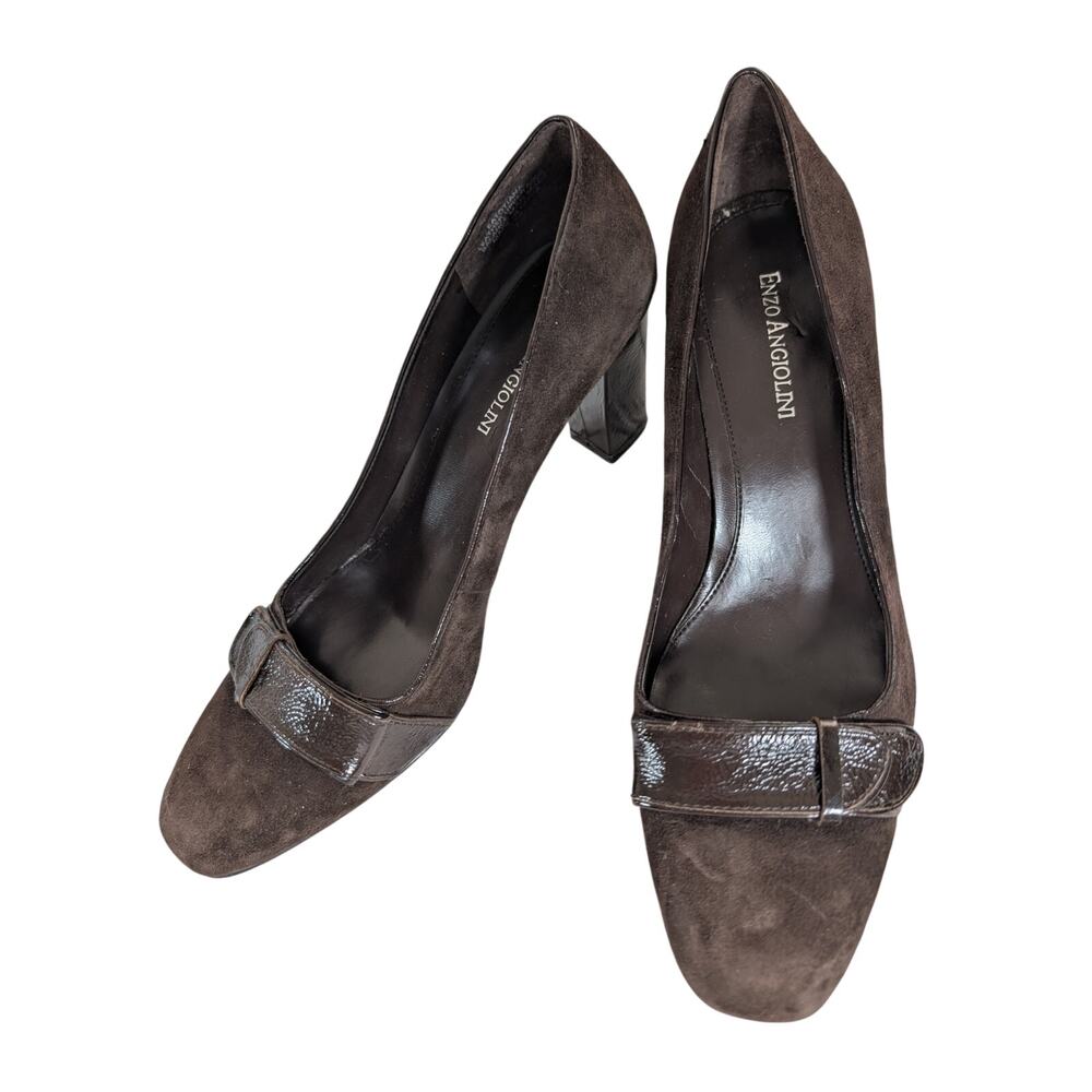ENZO ANGIOLINI! ESPRESSO BROWN GENUINE SUEDE W/LEATHER TRIM, CHUNKY HEELS! 7.5M